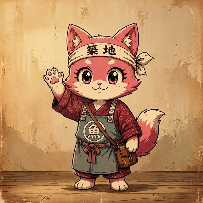 The mascot in market dress — headband, apron, satchel — one paw raised.