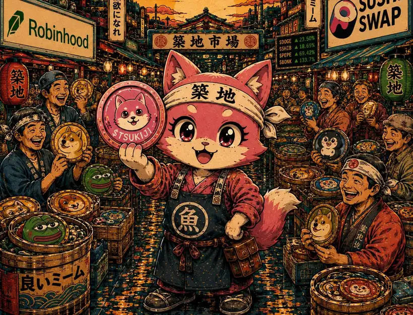 The market street: the mascot centred holding the $TSUKIJI coin, vendors either side trading memecoins, Robinhood and SushiSwap signage overhead.