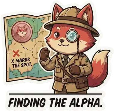 Sticker: the mascot in explorer kit with a map — FINDING THE ALPHA.