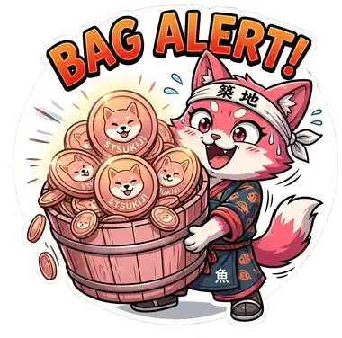 Sticker: the mascot hauling a barrel of coins — BAG ALERT!