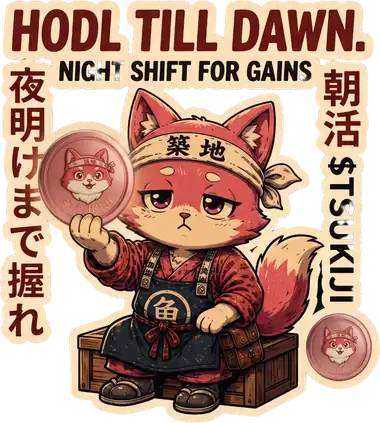 Sticker: the mascot holding a coin at dawn — HODL TILL DAWN.