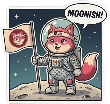 Sticker: the mascot in a spacesuit planting a flag — MOONISH!