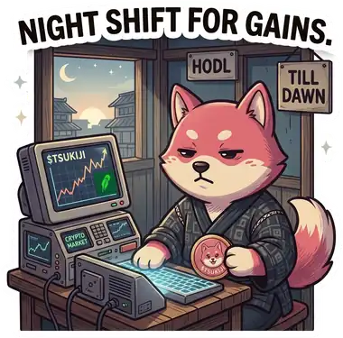 Sticker: the mascot at a terminal after dark — NIGHT SHIFT FOR GAINS.